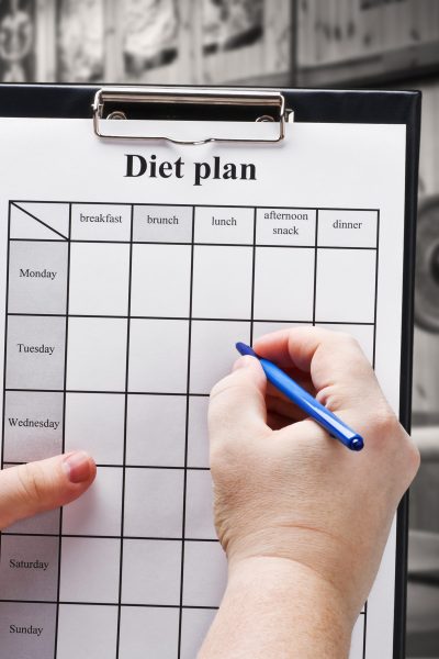 draw up a diet plan on the background of gym equipment